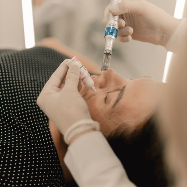 Microneedling pen used across the skin with serum